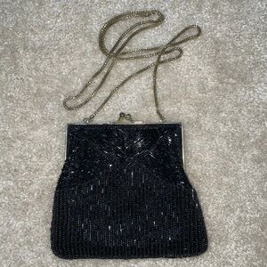 Vintage La Regale Ltd. Black Beaded Evening Purse Clutch Gold Chain China Small